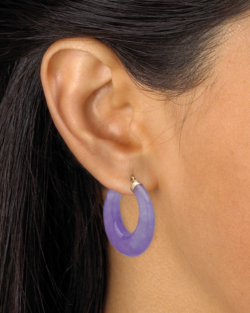 Genuine Lavender Jade 14k Yellow Gold Hoop Earrings Purple